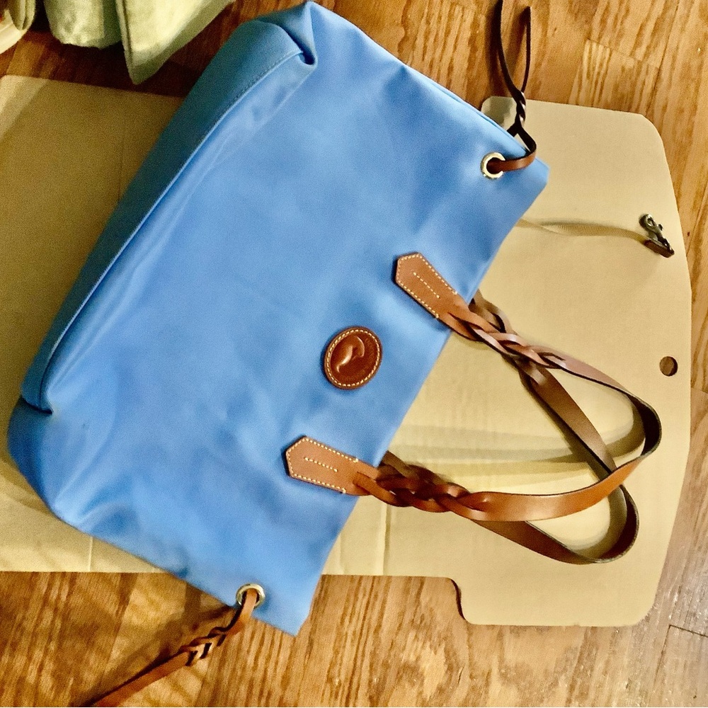 Dooney & Bourke Blue and Brown Tote Bag with Leather Straps